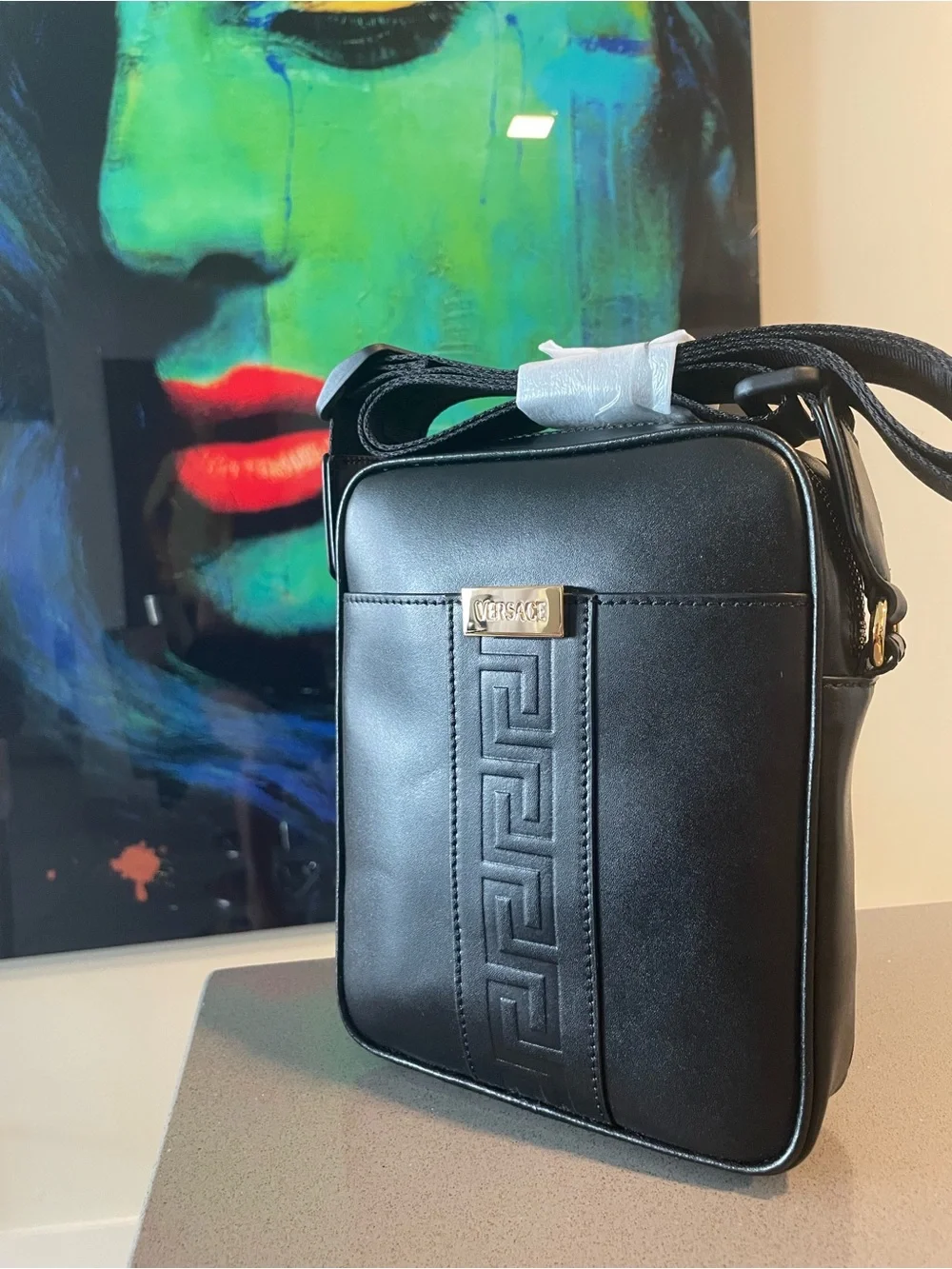 Versace Black Leather Messenger Crossbody with Gold Plaque